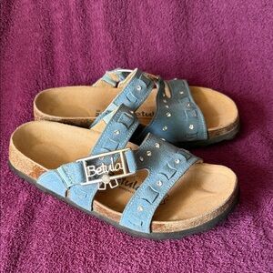 Betula Women's Blue Suede Slide Sandals with Decorative Buckle